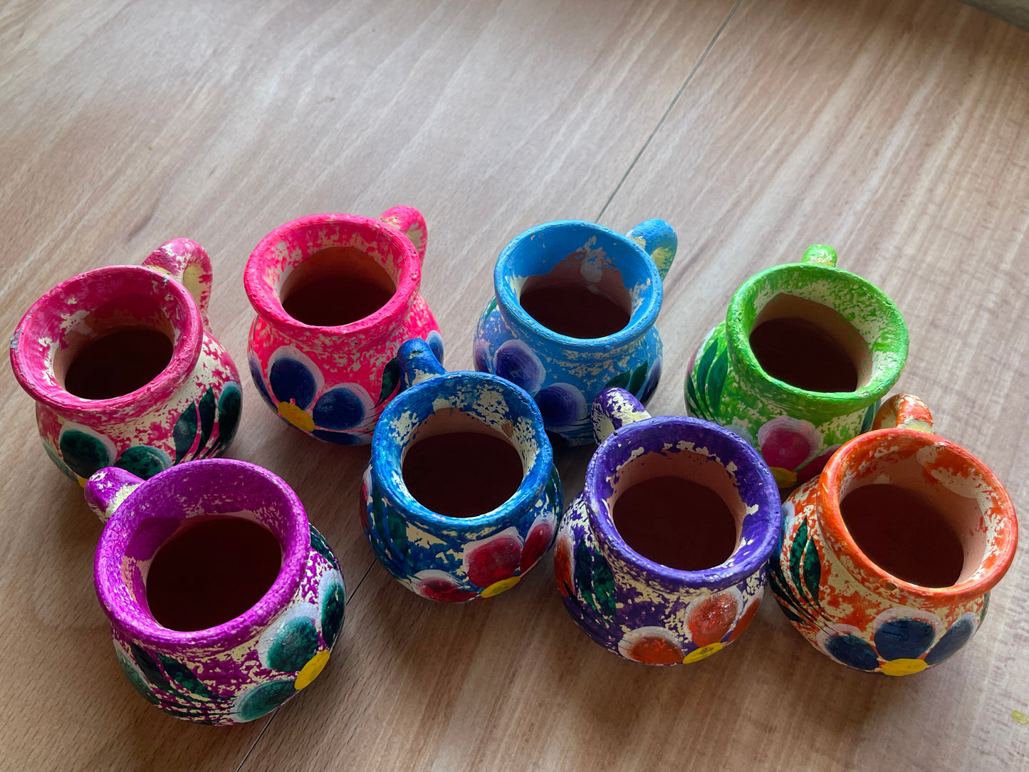 Mexican glass shot cup/terracotta tequila cups assorted colors/jarrito tequilero Michoacán/jarrito de barro tequilero pintado/artesania mexicana/florerito de barro