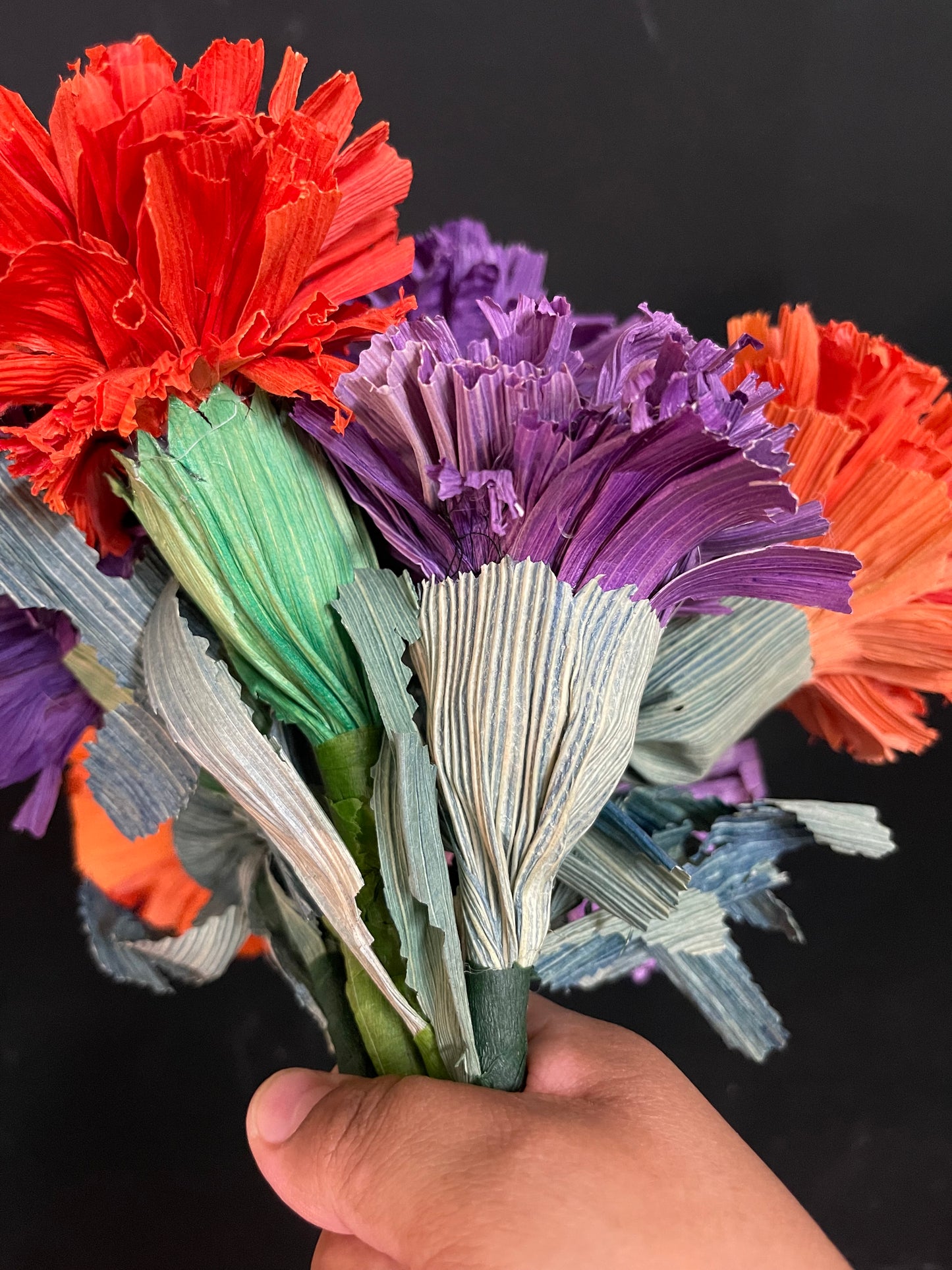 Flores artesanales día de muertos/cempasuchil de hoja seca/corn husk cempasuchil/marigold hand made flowers 3pc set