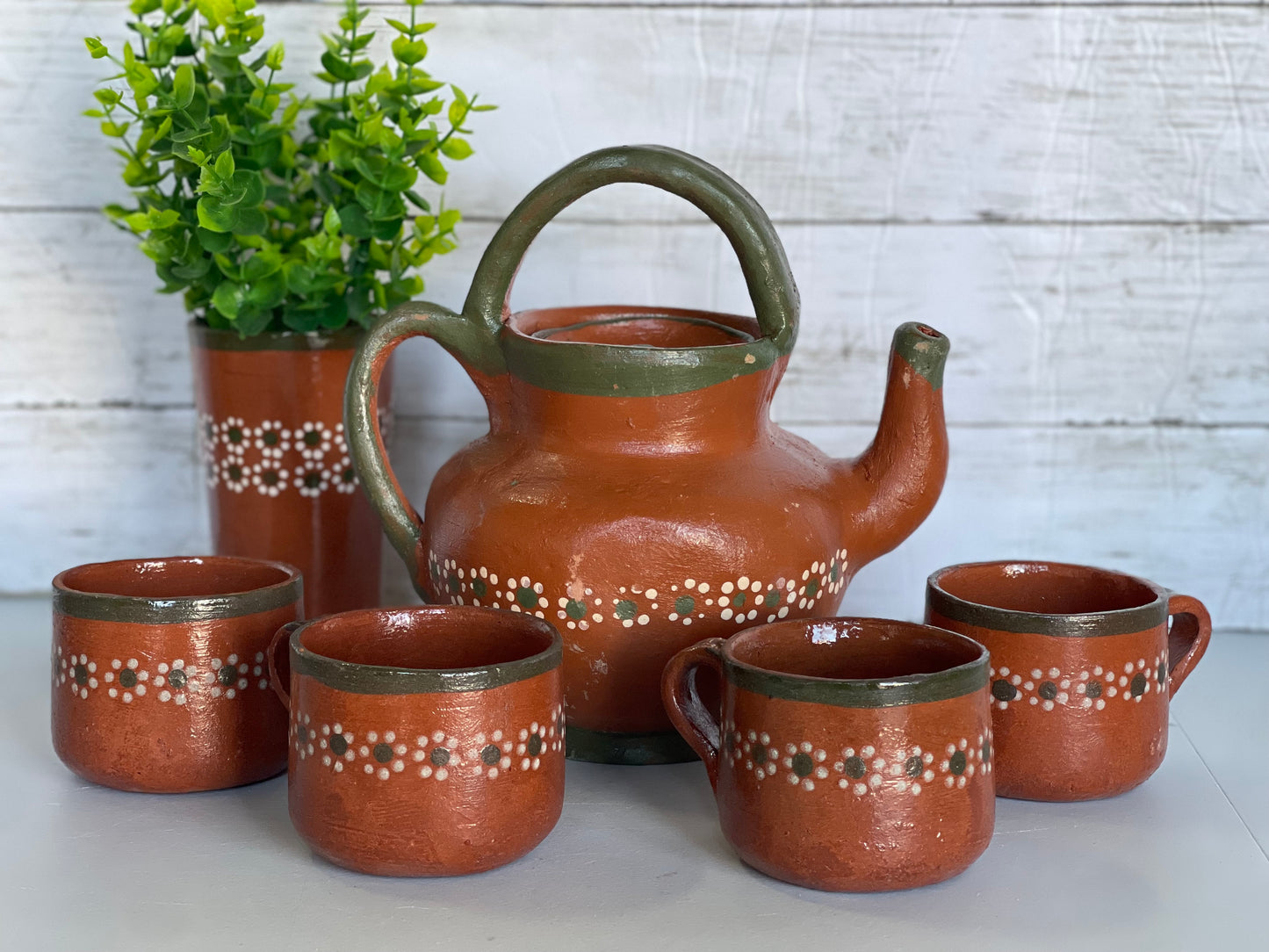 Mexico Vintage Teapot coffee set/terracotta teapot gift set/rustic coffee/tea set/Juego cafetero de barro Tonala lead free