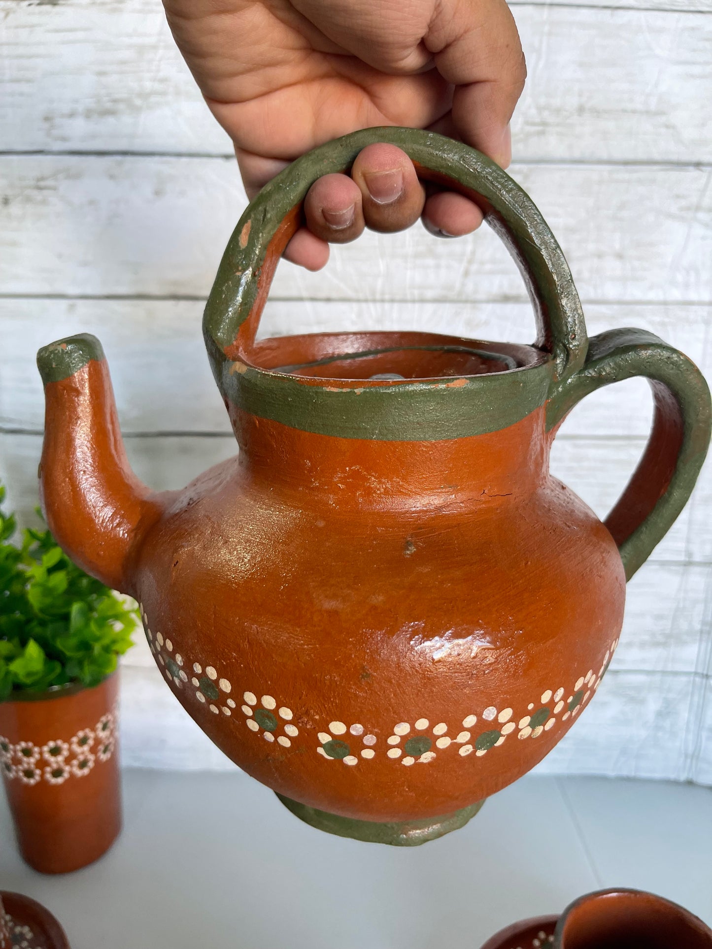 Mexico Vintage Teapot coffee set/terracotta teapot gift set/rustic coffee/tea set/Juego cafetero de barro Tonala lead free