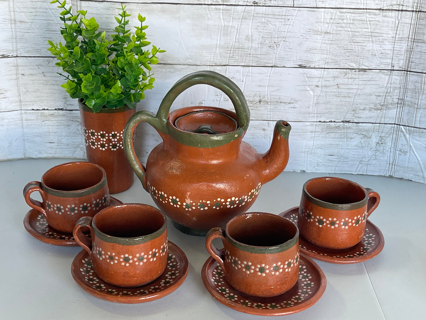 Mexico Vintage Teapot coffee set/terracotta teapot gift set/rustic coffee/tea set/Juego cafetero de barro Tonala lead free