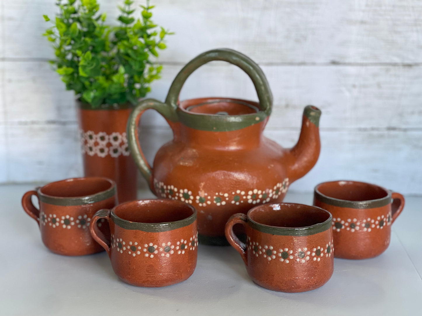 Mexico Vintage Teapot coffee set/terracotta teapot gift set/rustic coffee/tea set/Juego cafetero de barro Tonala lead free