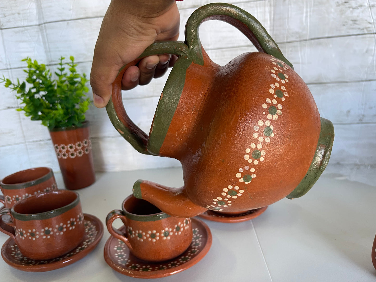 Mexico Vintage Teapot coffee set/terracotta teapot gift set/rustic coffee/tea set/Juego cafetero de barro Tonala lead free