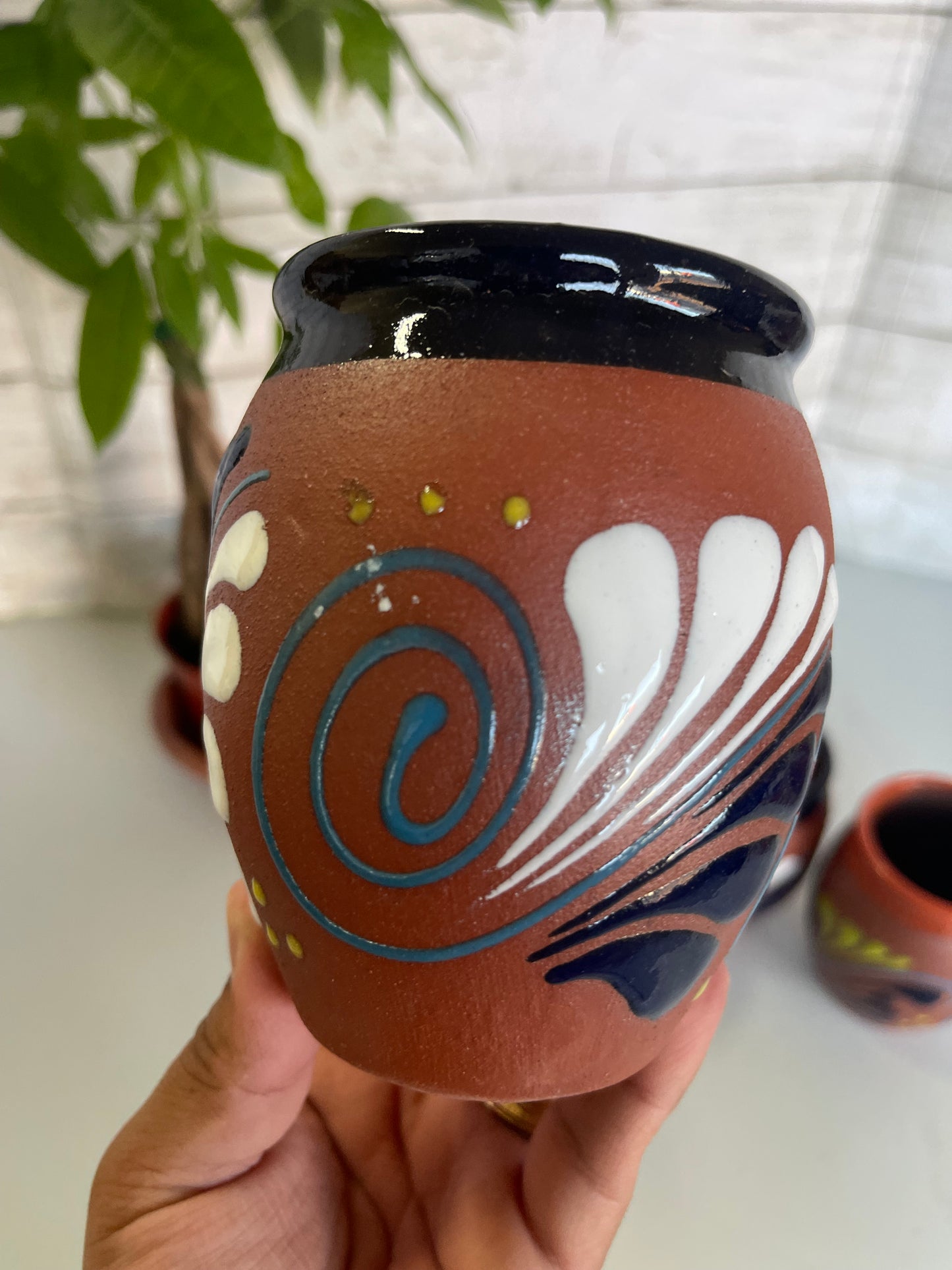 Cantarito de barro decorado/red clay cantarito hand designed/mexico clay cantarito cup