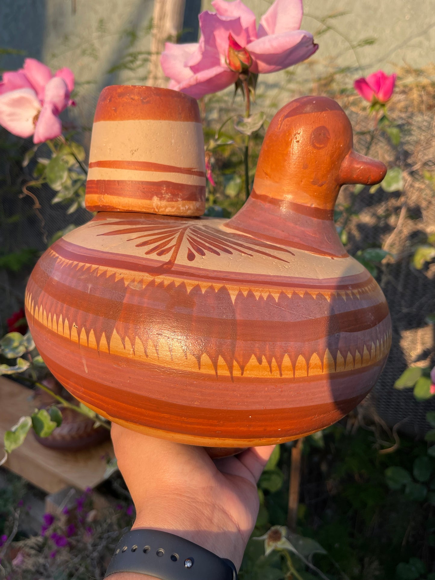 Vintage terracota duck water jug with cup/botellon pato con vaso/authentic clay carafe//decanter/botellon pato barro natural auténtico