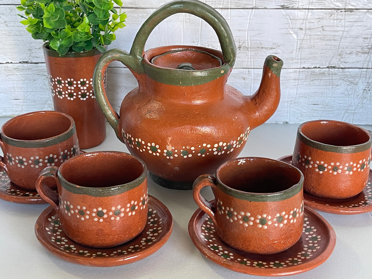 Mexico Vintage Teapot coffee set/terracotta teapot gift set/rustic coffee/tea set/Juego cafetero de barro Tonala lead free