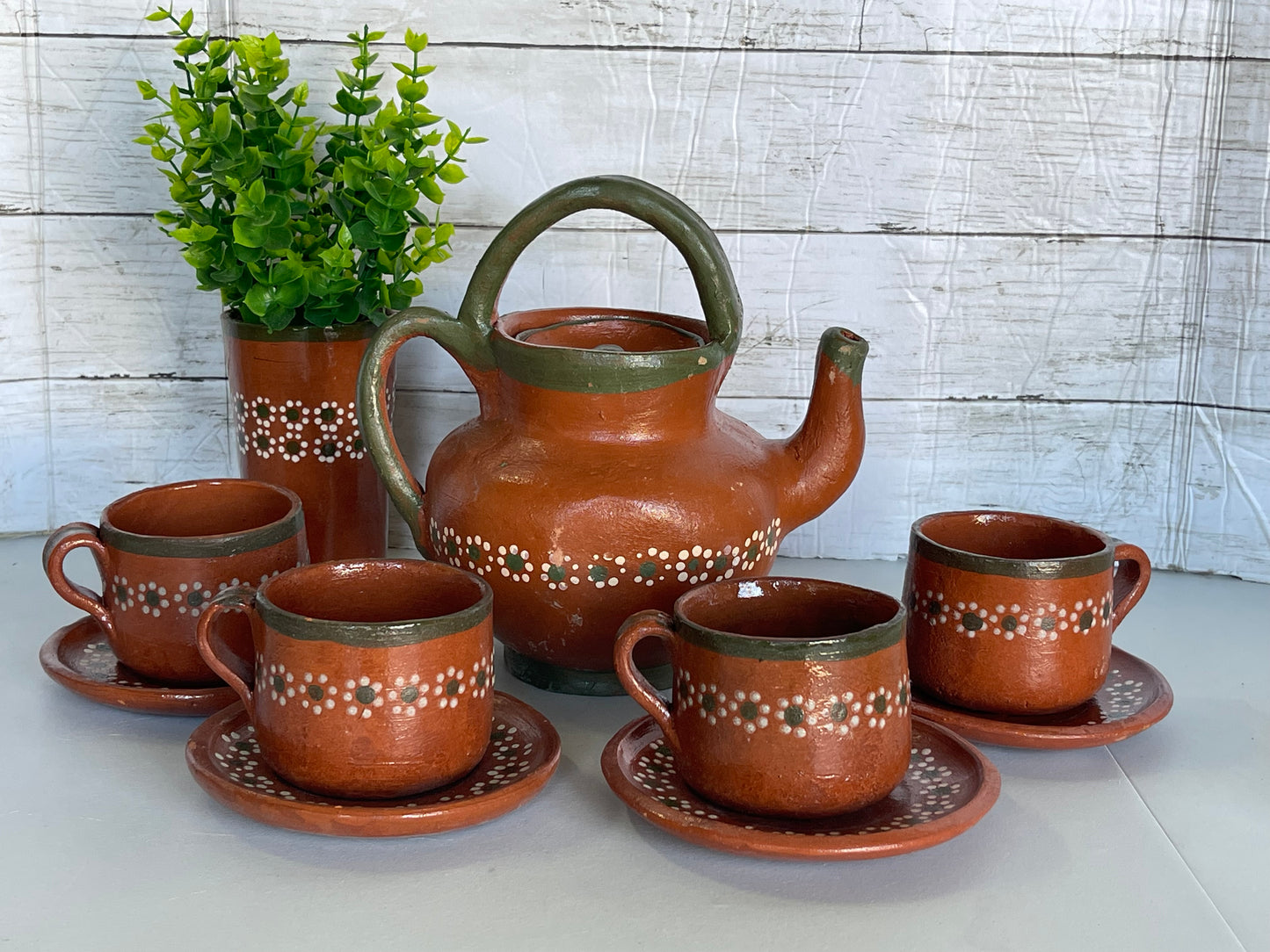 Mexico Vintage Teapot coffee set/terracotta teapot gift set/rustic coffee/tea set/Juego cafetero de barro Tonala lead free