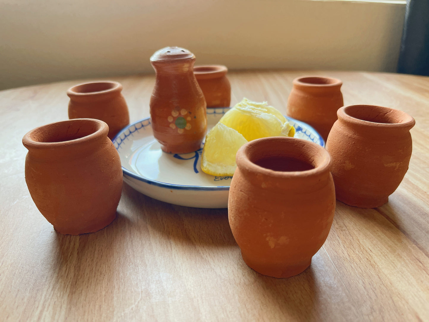 Mexican handmade glass shot/mini cantarito/natural terracotta tequila cups/cantarito tequilero de barro/mini moi cantarito