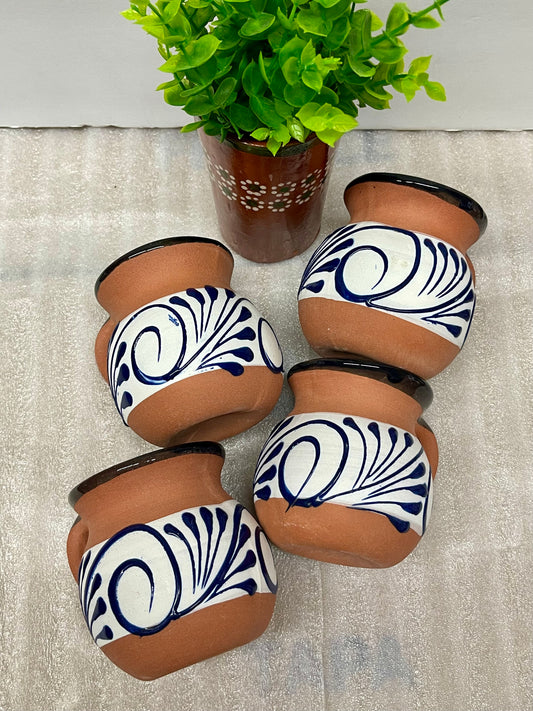 Handmade red clay Mexican jarritos/mugs 4pc set jarritos engobados hechos a mano blue talavera