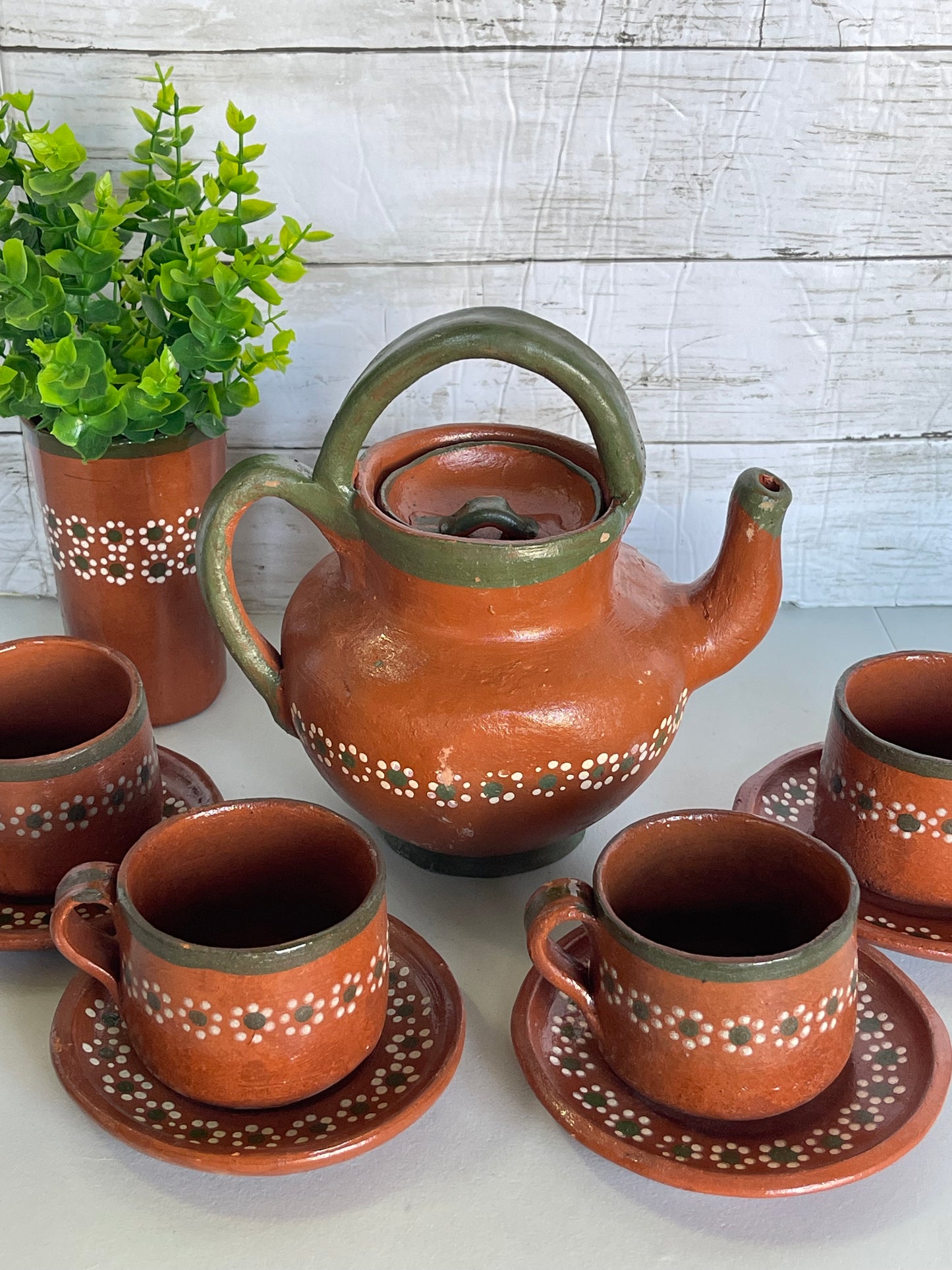 Mexico Vintage Teapot coffee set/terracotta teapot gift set/rustic coffee/tea set/Juego cafetero de barro Tonala lead free