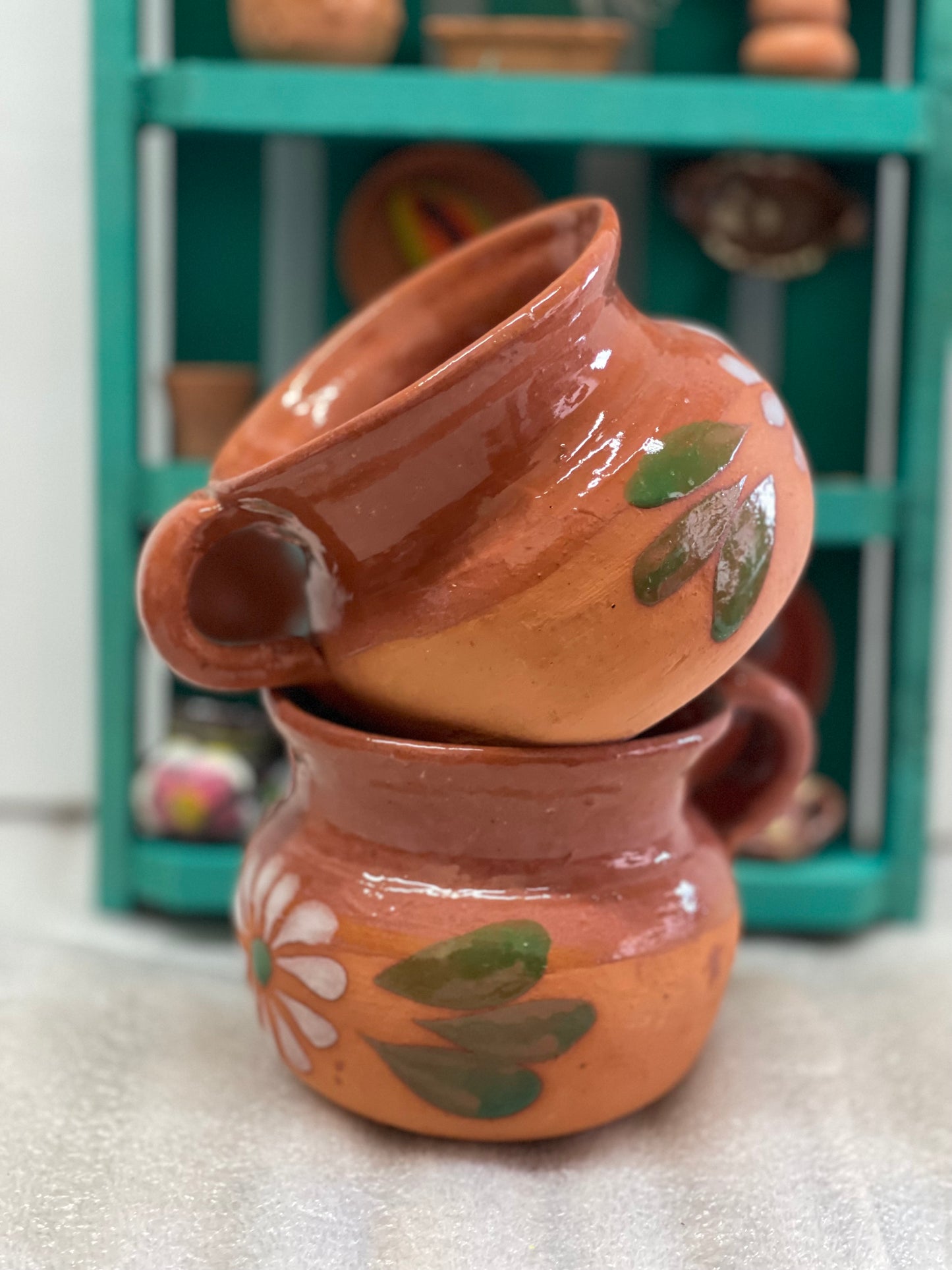 Mexican terracotta cafetero mug.2pc Mexican mug. Mexican cup. Barro de Puebla. Taza de barro. Barro Poblano. Lead free mexican mug.