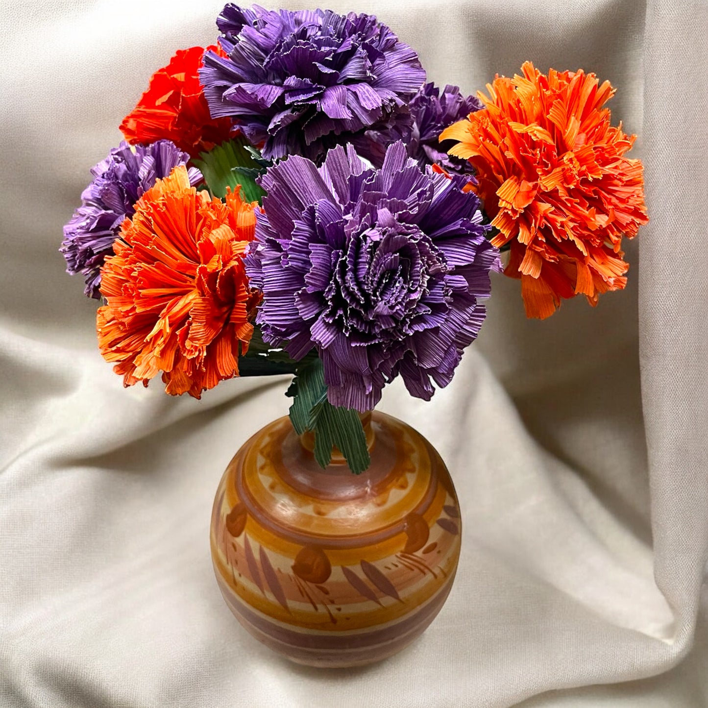 Flores artesanales día de muertos/cempasuchil de hoja seca/corn husk cempasuchil/marigold hand made flowers 3pc set