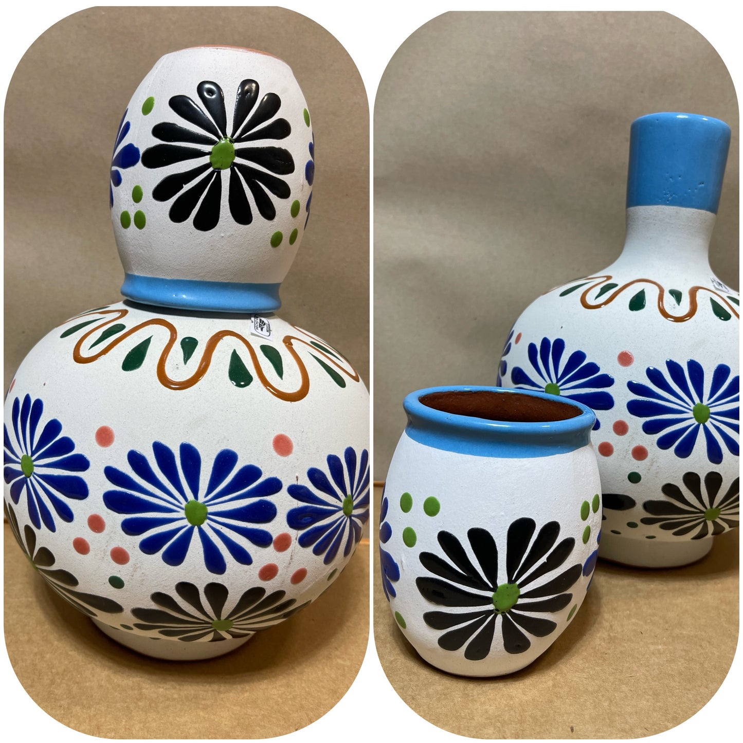 Mexican Authentic handcrafted ceramic water jug/decanter/botellon de barro engobado
