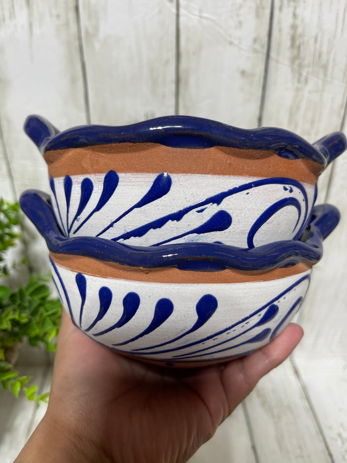 Cazuelita de barro talavera design/salser bowl de barro/salsa bowl white/navy/Mexico pottery