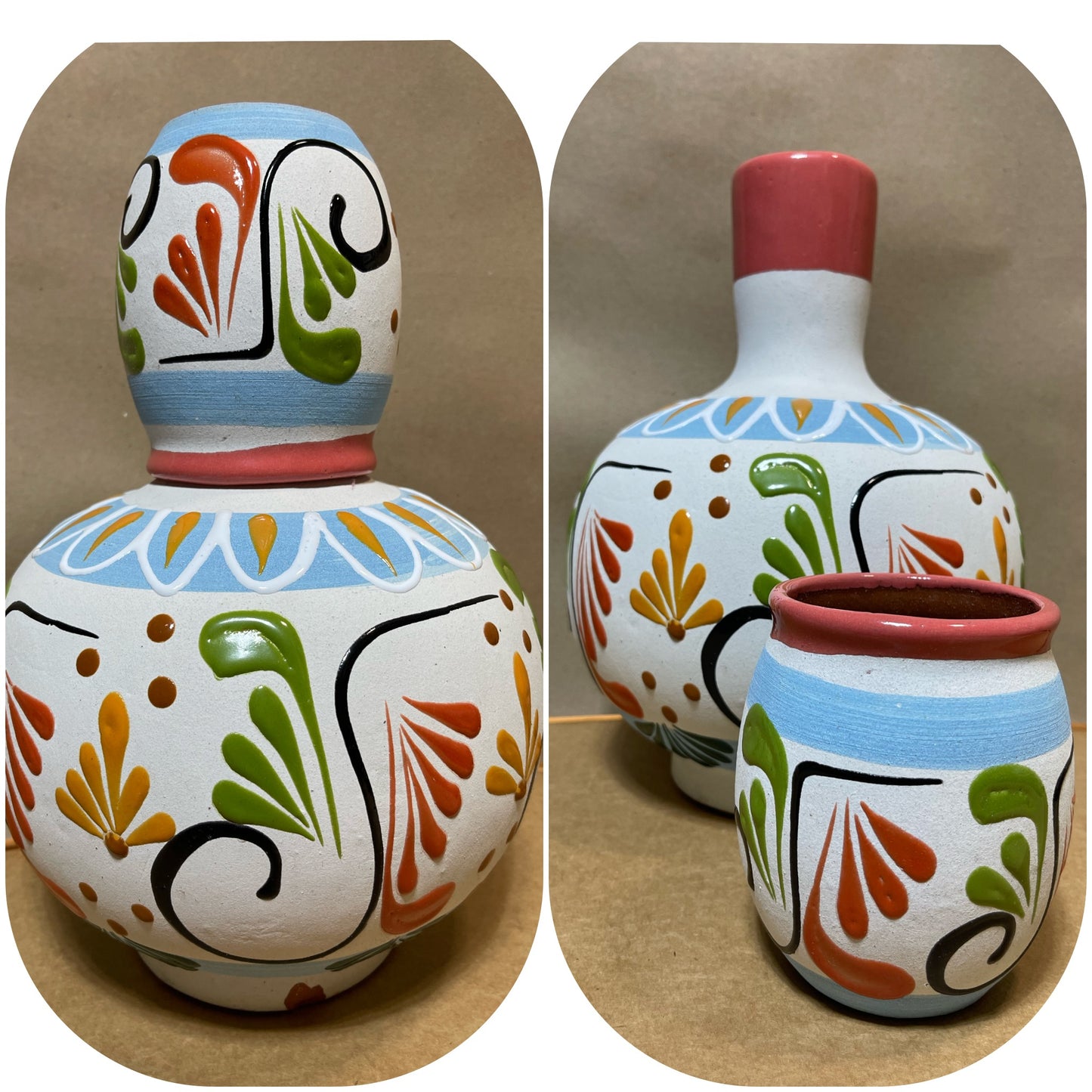 Mexican Authentic handcrafted ceramic water jug/decanter/botellon de barro engobado