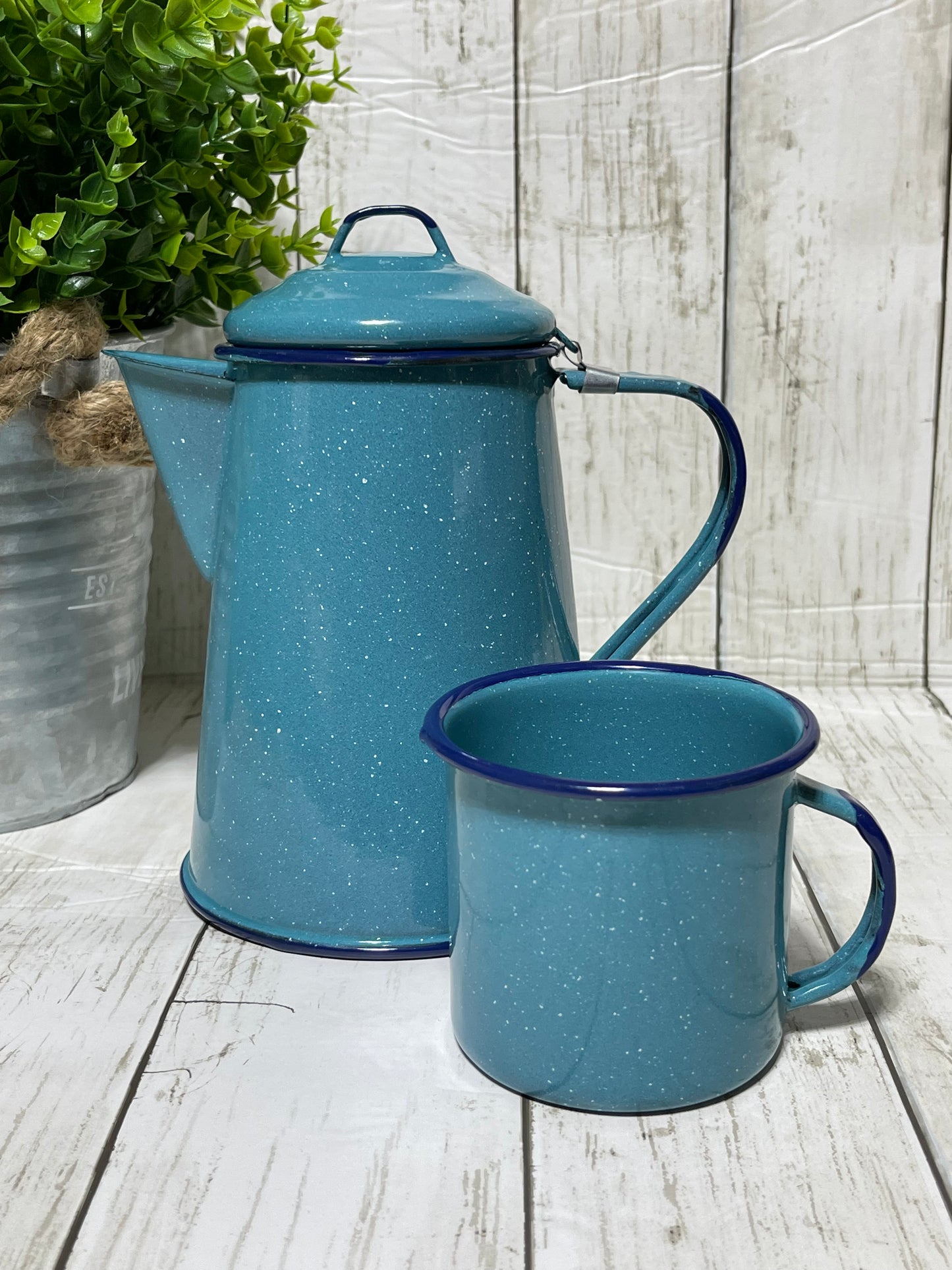 Authentic vintage blue steel-coffee maker pitcher/jar/cafetera peltre