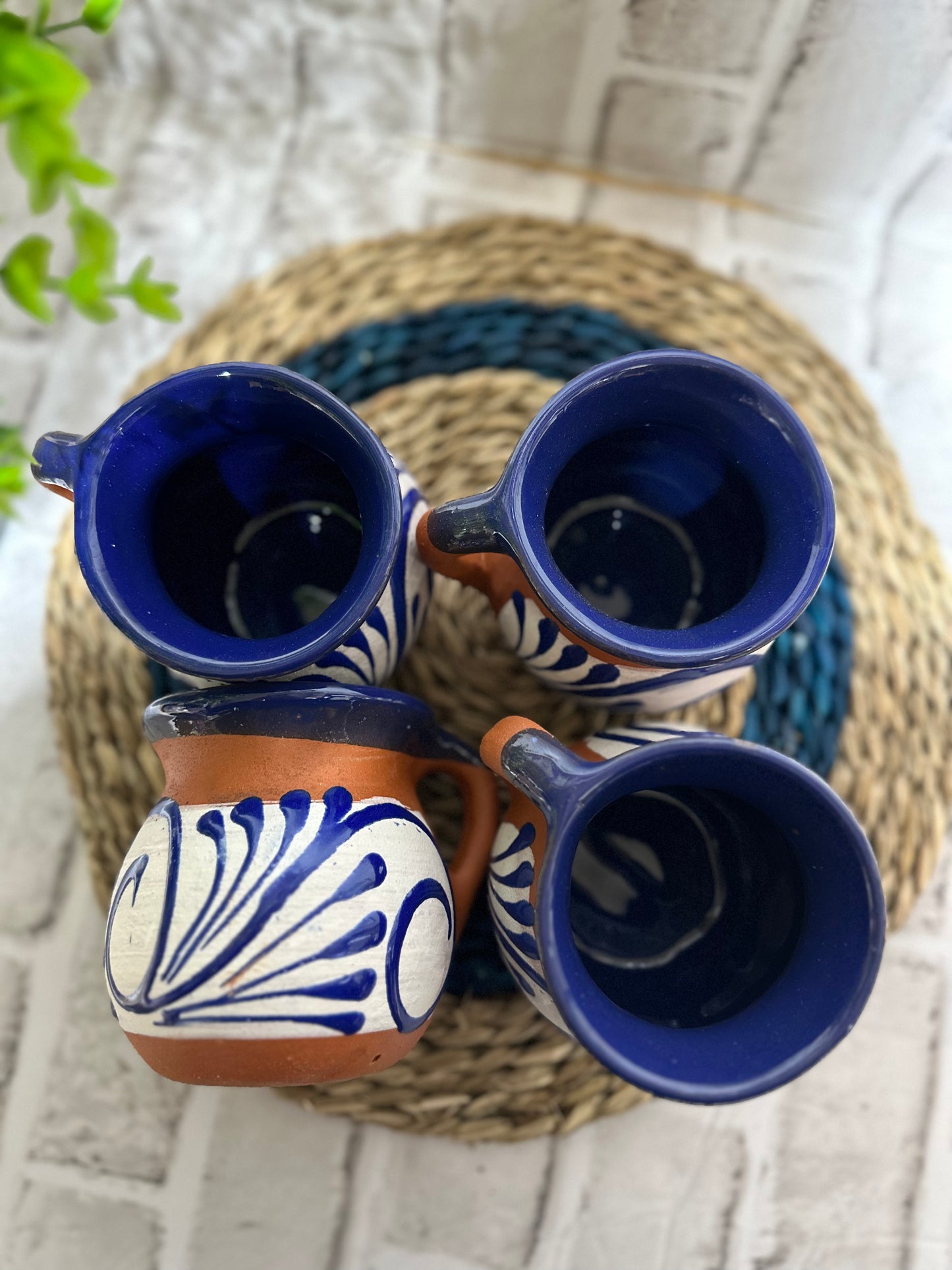 Handmade red clay Mexican jarritos/mugs 4pc set jarritos engobados hechos a mano blue talavera