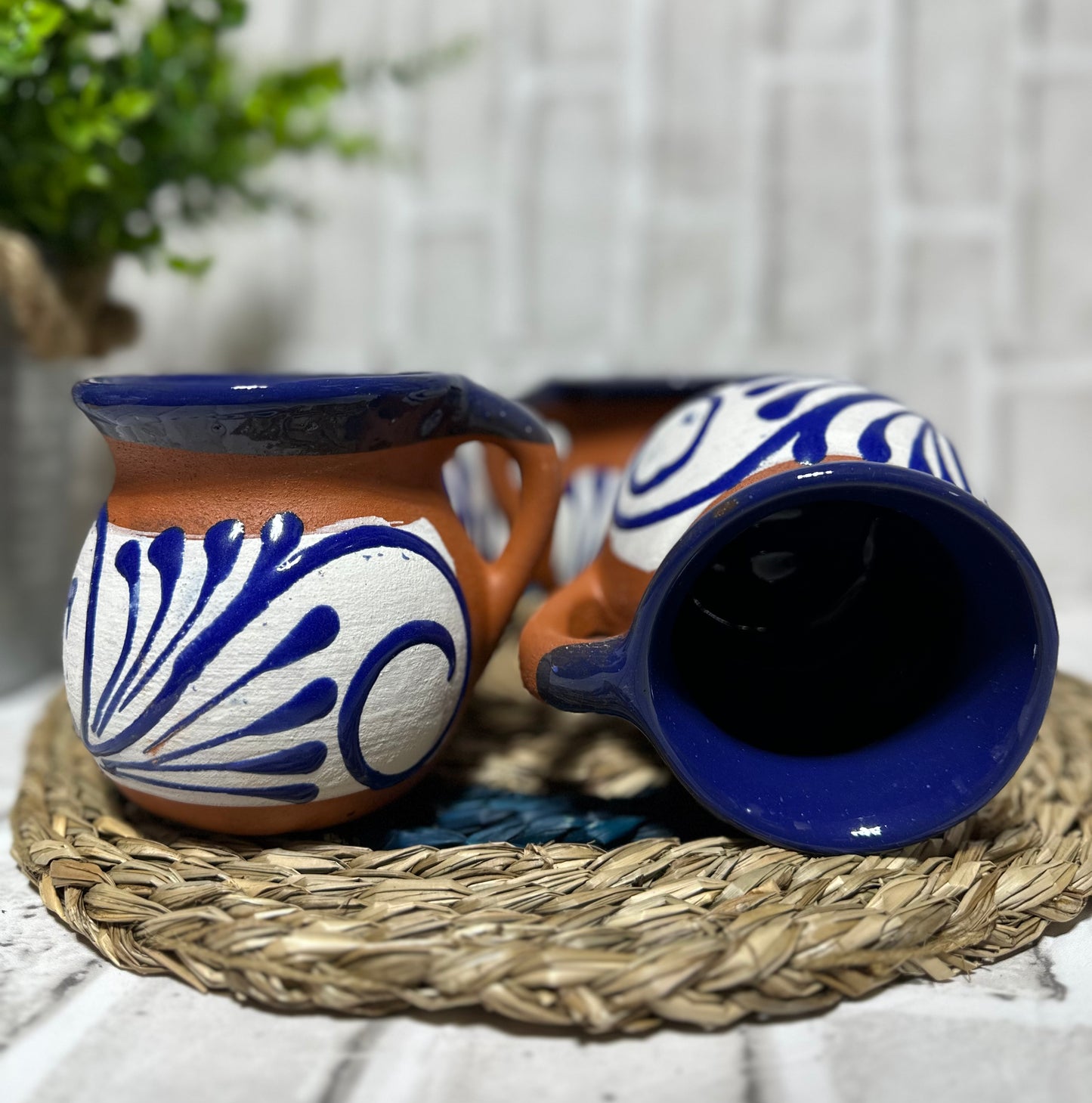 Handmade red clay Mexican jarritos/mugs 4pc set jarritos engobados hechos a mano blue talavera