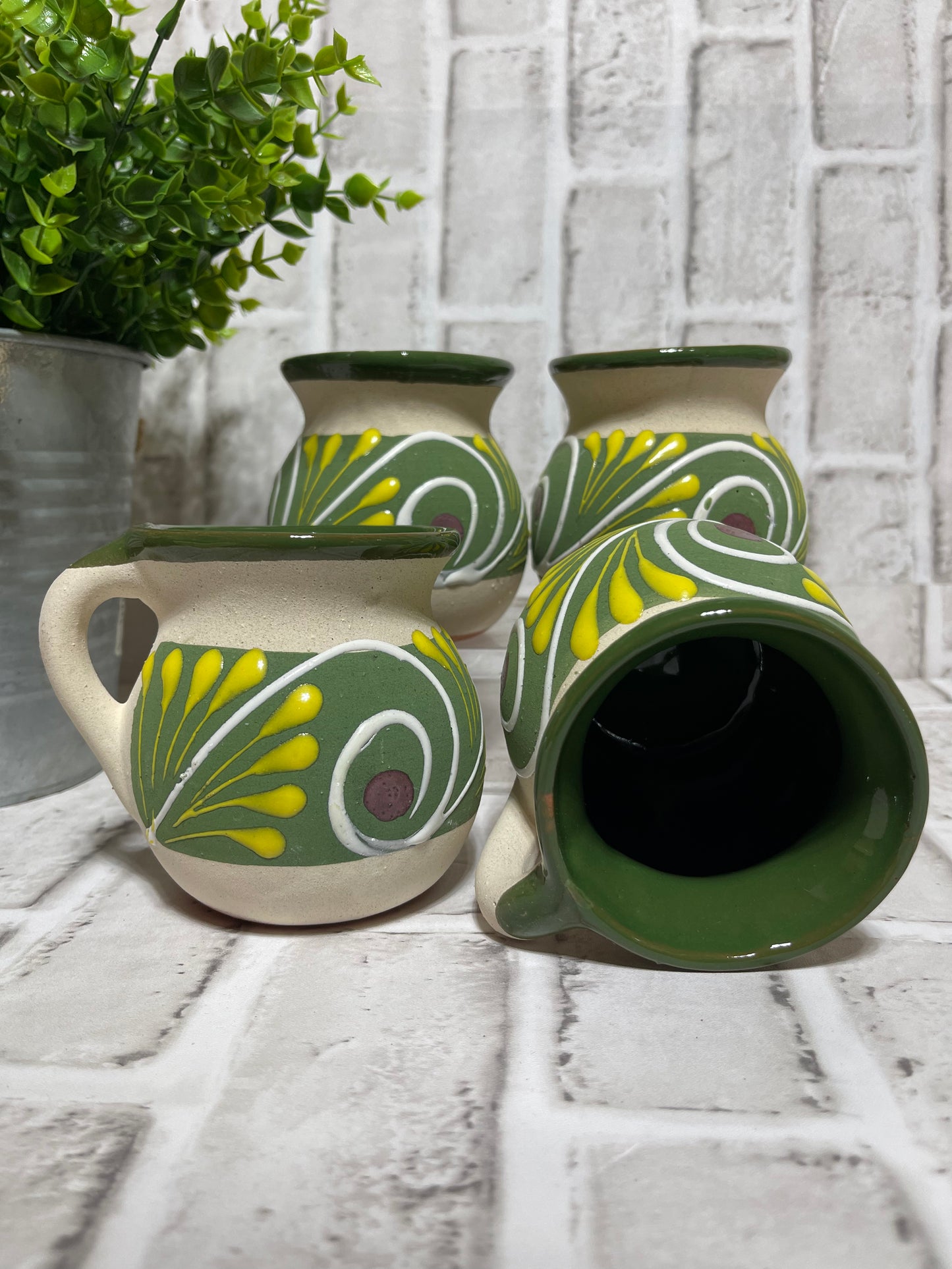 Hand made Mexican jarritos/mugs 4pc set jarritos engobados hechos a mano dark green