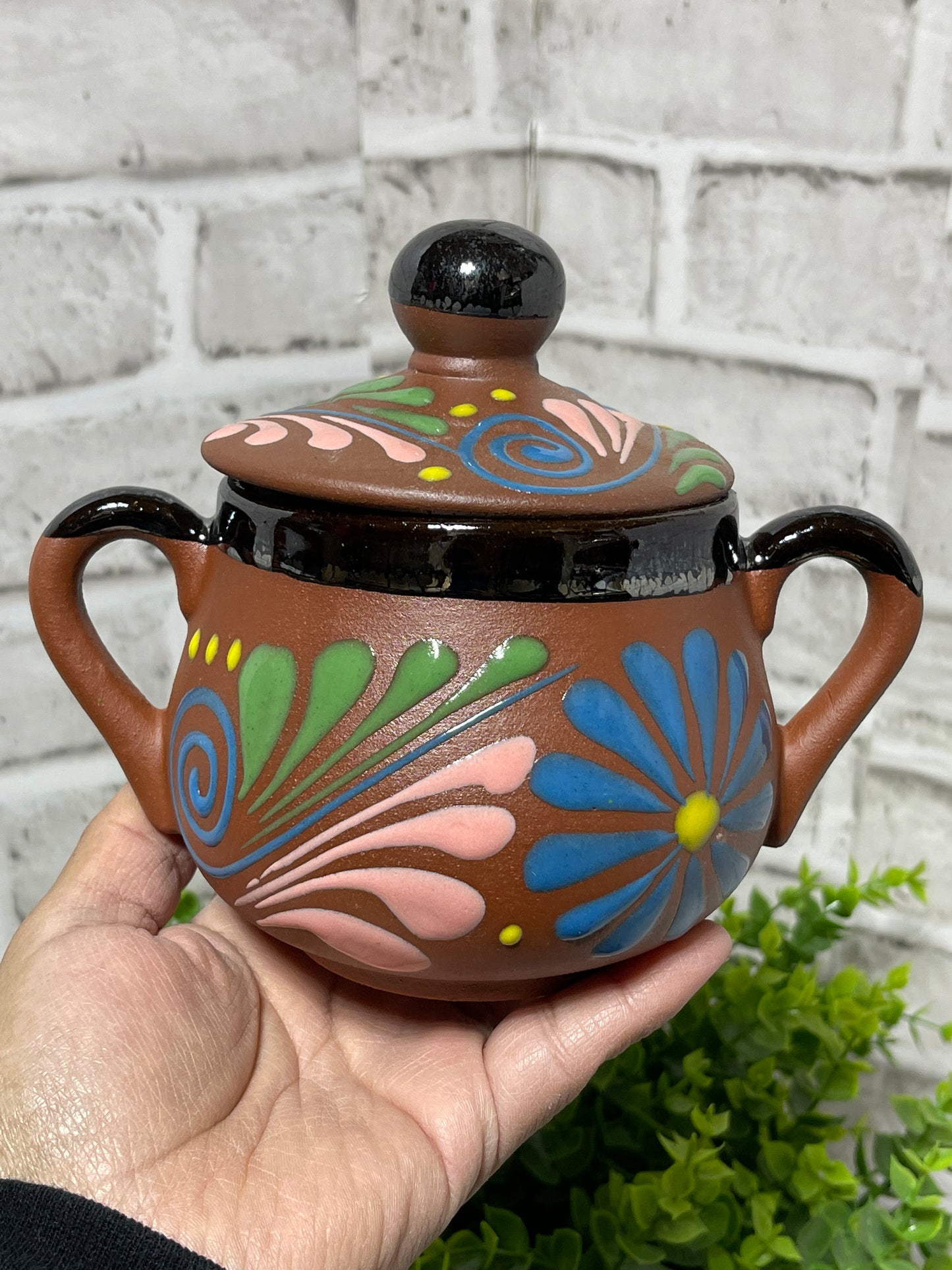 Handmade Mexican pottery ceramic canister with lid/ azucarero de barro con tapa
