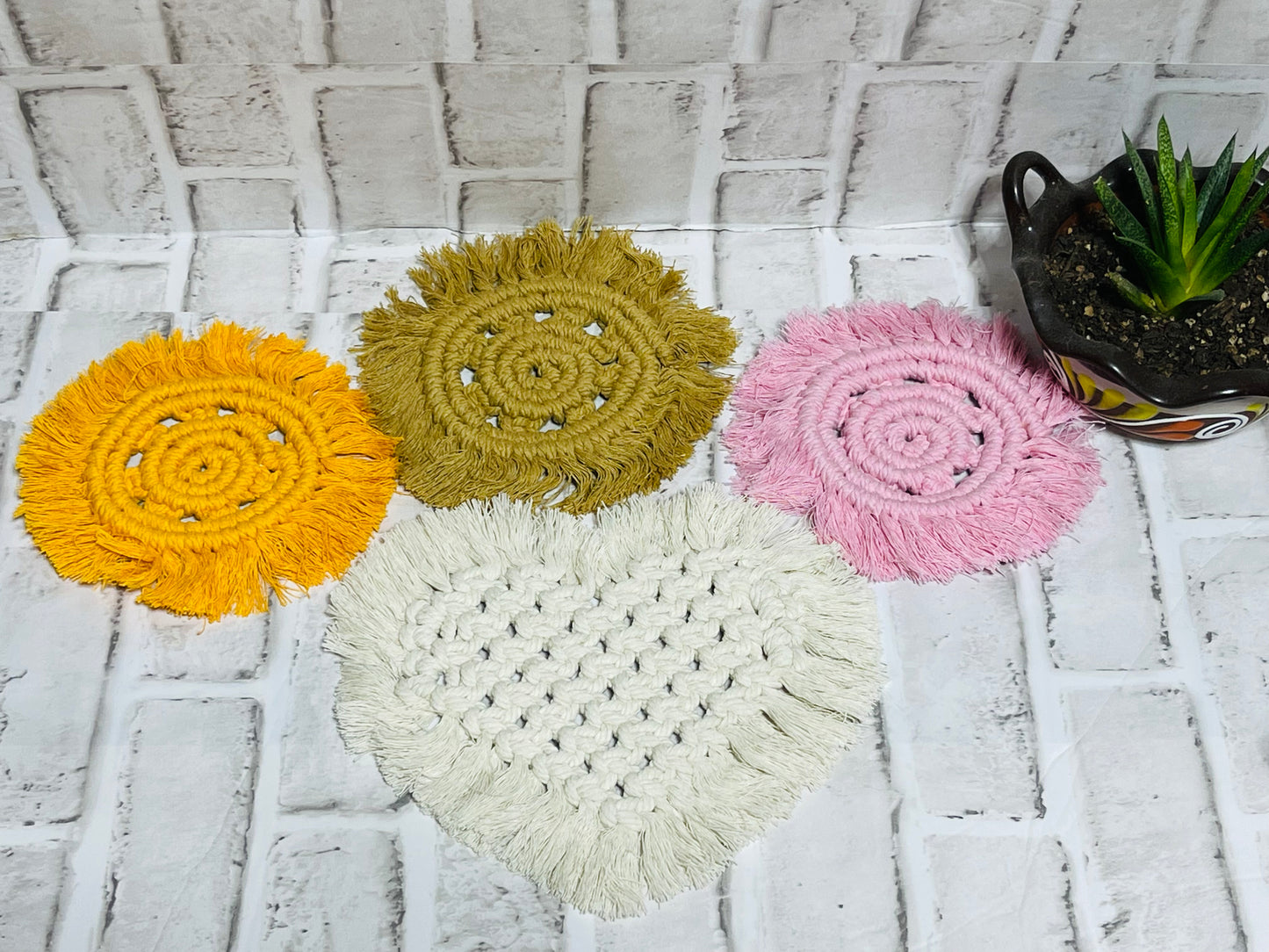 Hand knitted macrame coasters