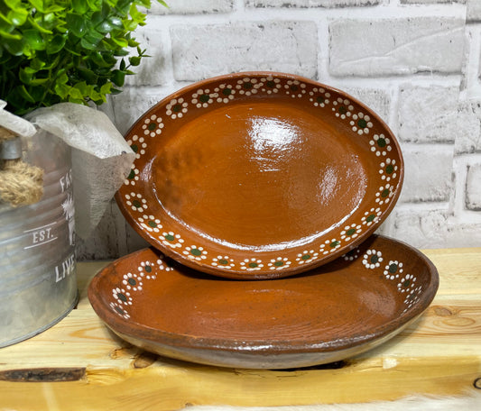 Mexican handmade rustic traditional 11” oval plate 2pc set/Platos de barro ovalados