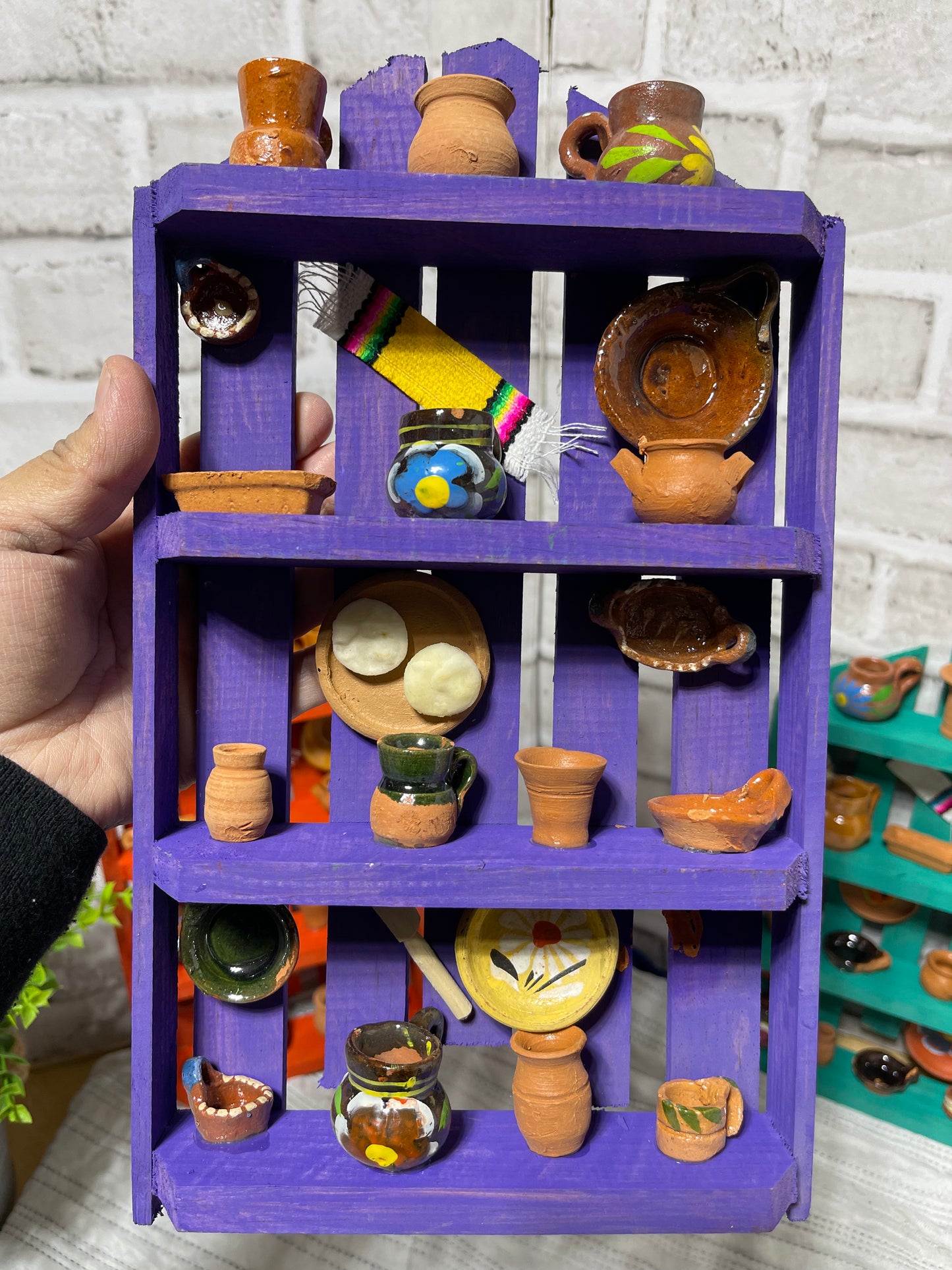 Mexican Handmade wall decor wood-cupboard mini clay dishes/trastero decorador de cocina
