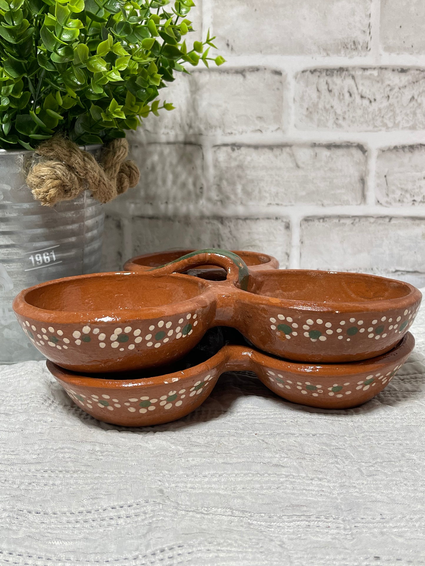 Mexican Handmade rustic triple-bowl/salsero de barro trio